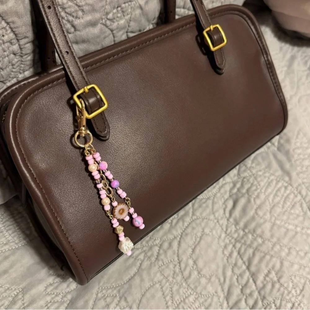 Chic Gold and Purple Beaded Bag Charm Keychain with Floral Detail